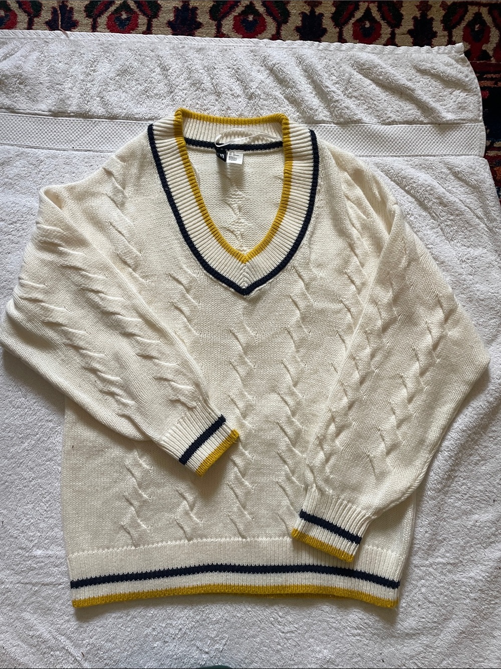 H&M Cream Cable Knit V-Neck Sweater with Navy & Mustard Trim